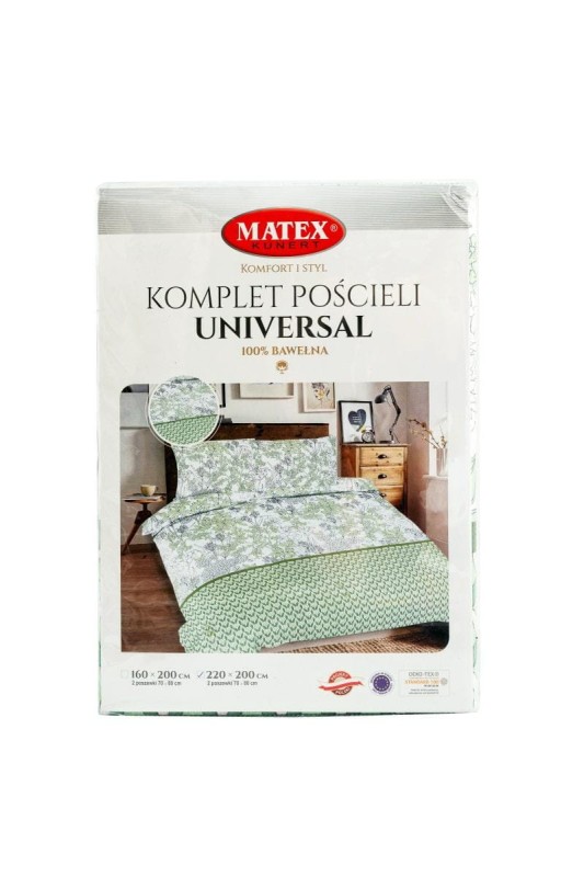 34316Pościel bawełniana 160x200 Liście geometria biała zielona Universal Matex-2