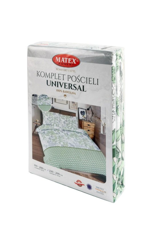 34316Pościel bawełniana 160x200 Liście geometria biała zielona Universal Matex-3