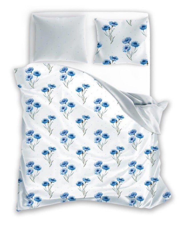 Pościel bawełniana 140x200 Cottage biała niebieska kwiatki-1