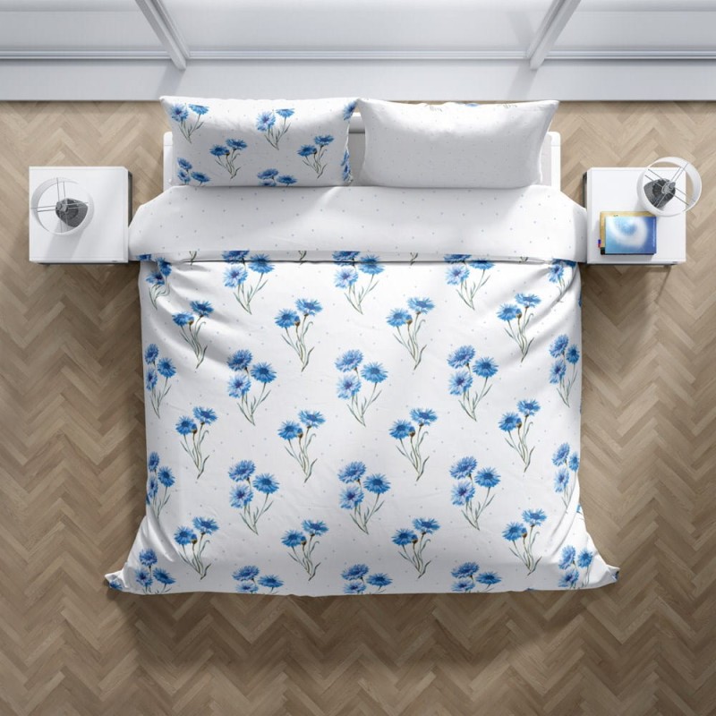 Pościel bawełniana 140x200 Cottage biała niebieska kwiatki-2