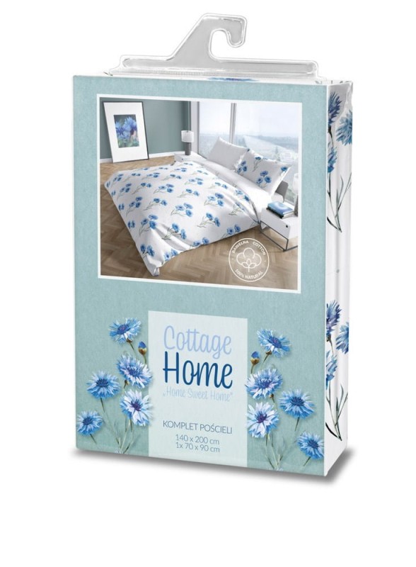 Pościel bawełniana 140x200 Cottage biała niebieska kwiatki-4