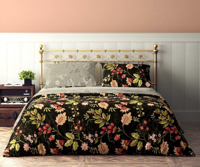 Pościel bawełniana 140x200 Flovery kwiaty czarna beżowa kolorowa-2