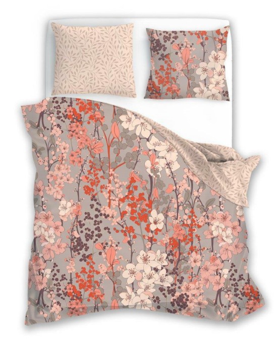 Pościel bawełniana 220x200 Flovery kwiaty beżowa morelowa-1