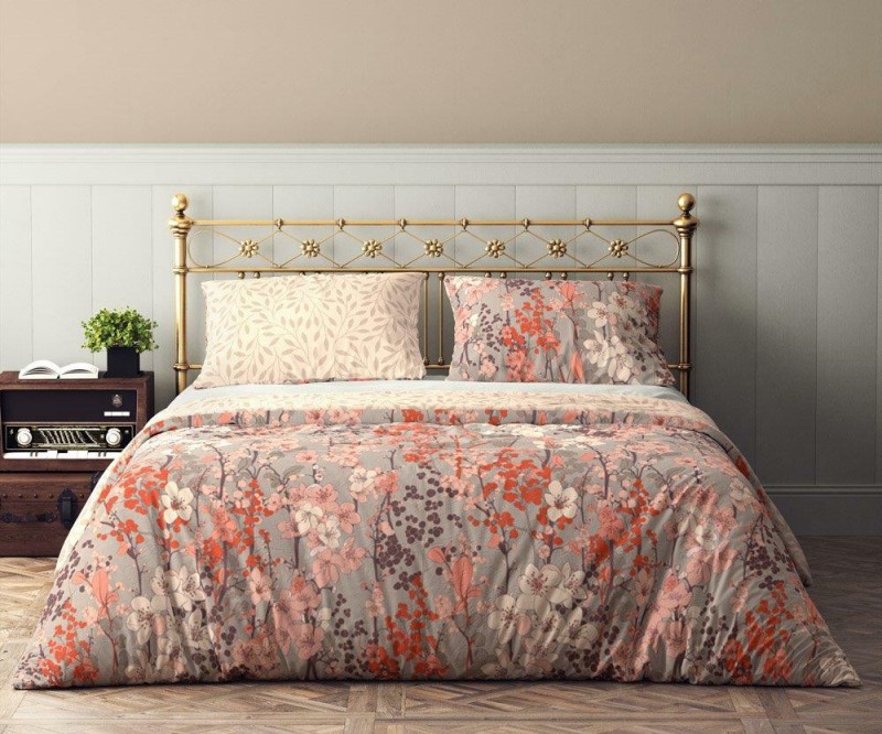 Pościel bawełniana 220x200 Flovery kwiaty beżowa morelowa-2