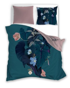 Pościel bawełniana 140x200 Trendy liście kwiaty turkusowa pudrowa-1