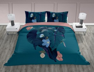 Pościel bawełniana 140x200 Trendy liście kwiaty turkusowa pudrowa-2