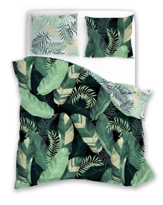 Pościel bawełniana 140x200 Trendy piórka liście zielona-1