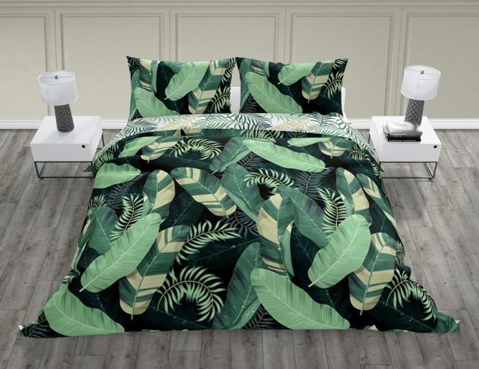 Pościel bawełniana 140x200 Trendy piórka liście zielona-2
