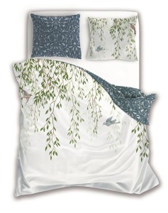 Pościel bawełniana 140x200 Trendy gałązki biała niebieska zielona-1