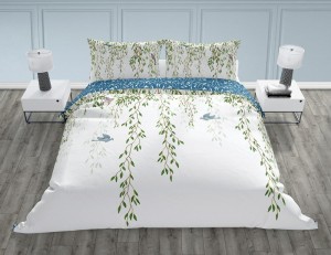 Pościel bawełniana 140x200 Trendy gałązki biała niebieska zielona-2