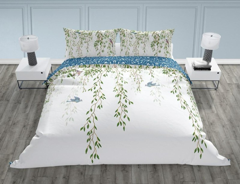 Pościel bawełniana 140x200 Trendy gałązki biała niebieska zielona-2