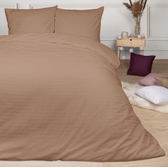 34521Pościel satynowa 140x200 cynamonowa pasy jednobarwna Cizgili adamaszkowa-1