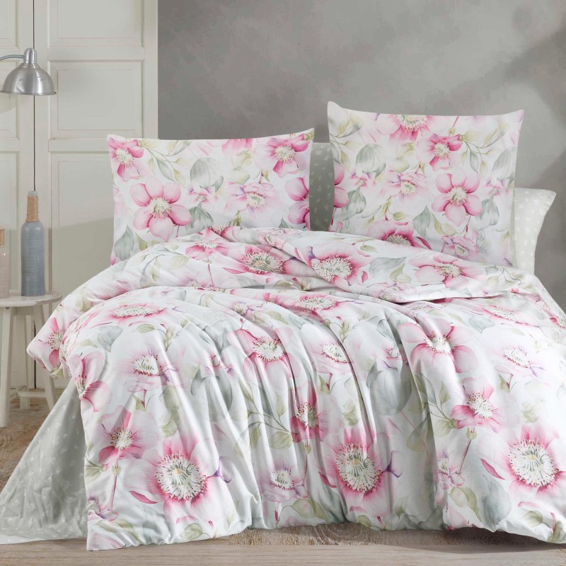 34550Pościel satynowa 160x200 Pataya różowa biała kwiaty Exclusive 24-1