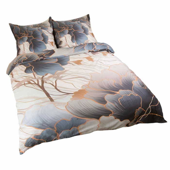 Pościel satynowa 160x200 Premium Satynlove Kwiaty szara beżowa-1