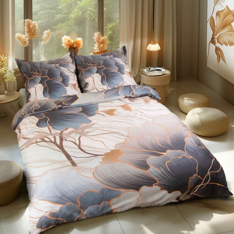 Pościel satynowa 160x200 Premium Satynlove Kwiaty szara beżowa-2