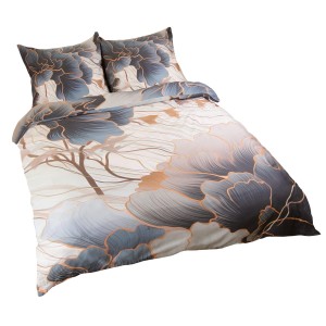 Pościel satynowa 160x200 Premium Satynlove Kwiaty szara beżowa-7