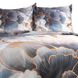 Pościel satynowa 160x200 Premium Satynlove Kwiaty szara beżowa-9