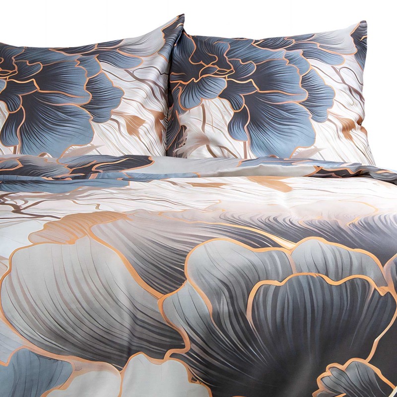Pościel satynowa 160x200 Premium Satynlove Kwiaty szara beżowa-9