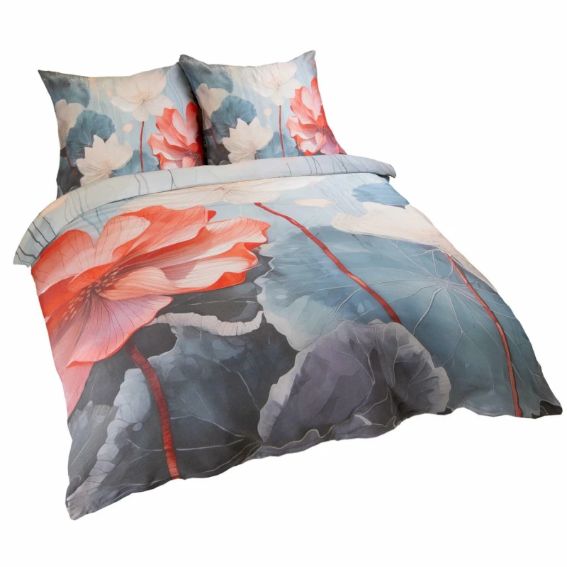 34588Pościel satynowa 160x200 Kwiaty niebieska czerwona 12406 SATYNLOVE PREMIUM-1