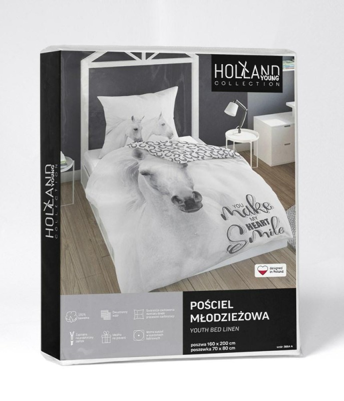 35002Pościel bawełniana 160x200 koń biały 3864 A poszewka 70x80 panelowa 92-4