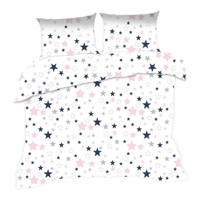 Pościel bawełniana 160x200 Kids 24 biała różowa granatowa gwiazdki-1