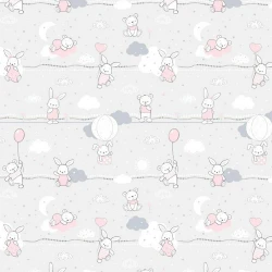 Pościel bawełniana 140x200 Kids 24 szara różowa zajączki misie