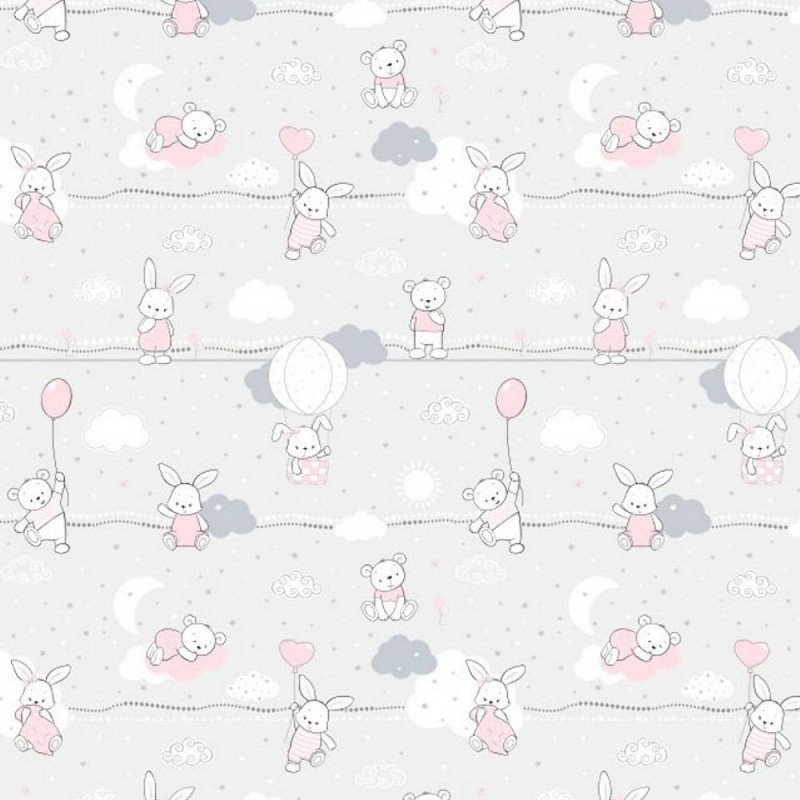 Pościel bawełniana 140x200 Kids 24 szara różowa zajączki misie-1