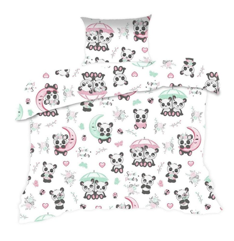 Pościel bawełniana 140x200 Kids 24 biała kolorowa pandy-1