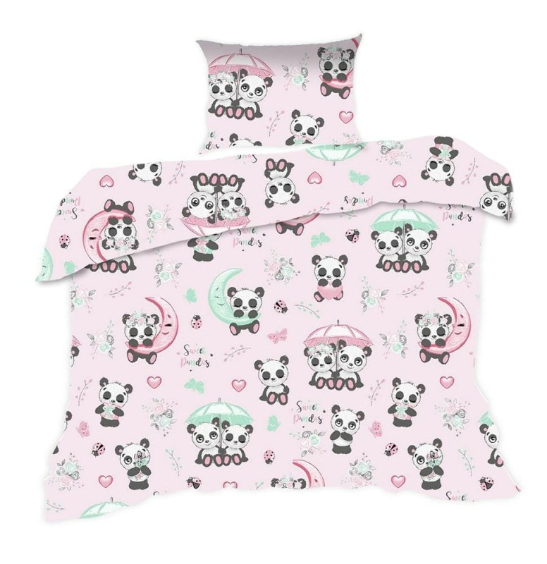 Pościel bawełniana 140x200 Kids 24 różowa kolorowa pandy-1