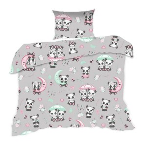 Pościel bawełniana 140x200 Kids 24 szara kolorowa pandy-1