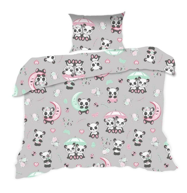 Pościel bawełniana 140x200 Kids 24 szara kolorowa pandy-1