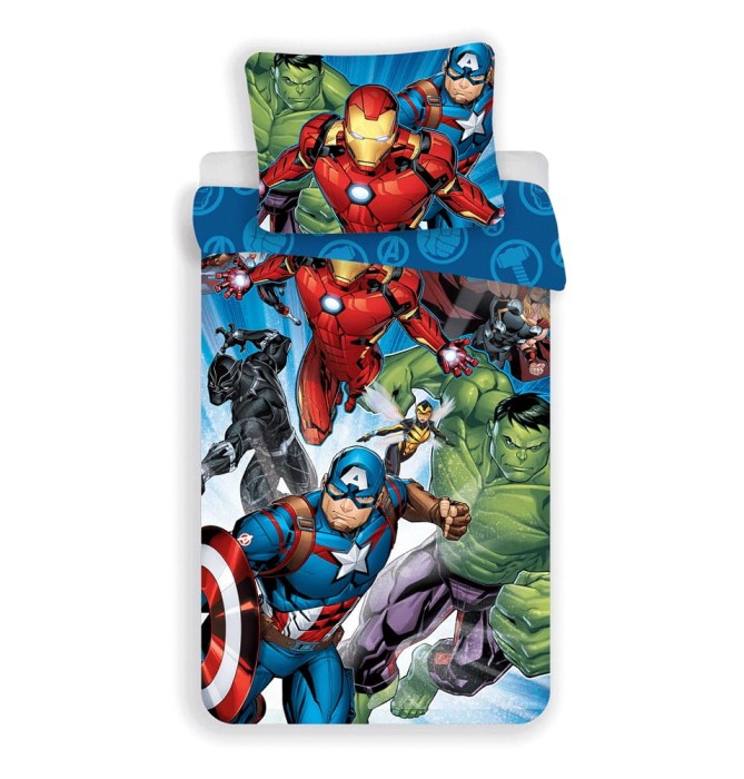 Pościel dla dzieci 140x200 Avengers niebieska bawełniana-1