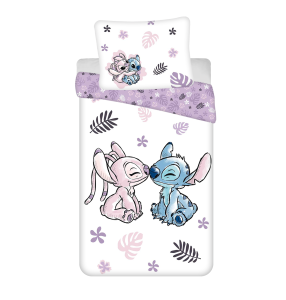 Pościel bawełniana 140x200 biała fioletowa Lilo i Stitch liście monstery-1