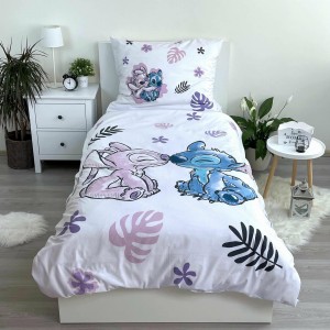 Pościel bawełniana 140x200 biała fioletowa Lilo i Stitch liście monstery-2