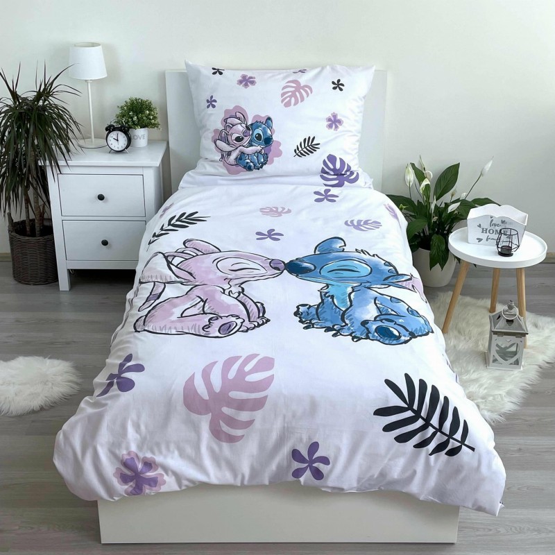 Pościel bawełniana 140x200 biała fioletowa Lilo i Stitch liście monstery-2