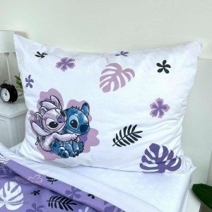 Pościel bawełniana 140x200 biała fioletowa Lilo i Stitch liście monstery-4