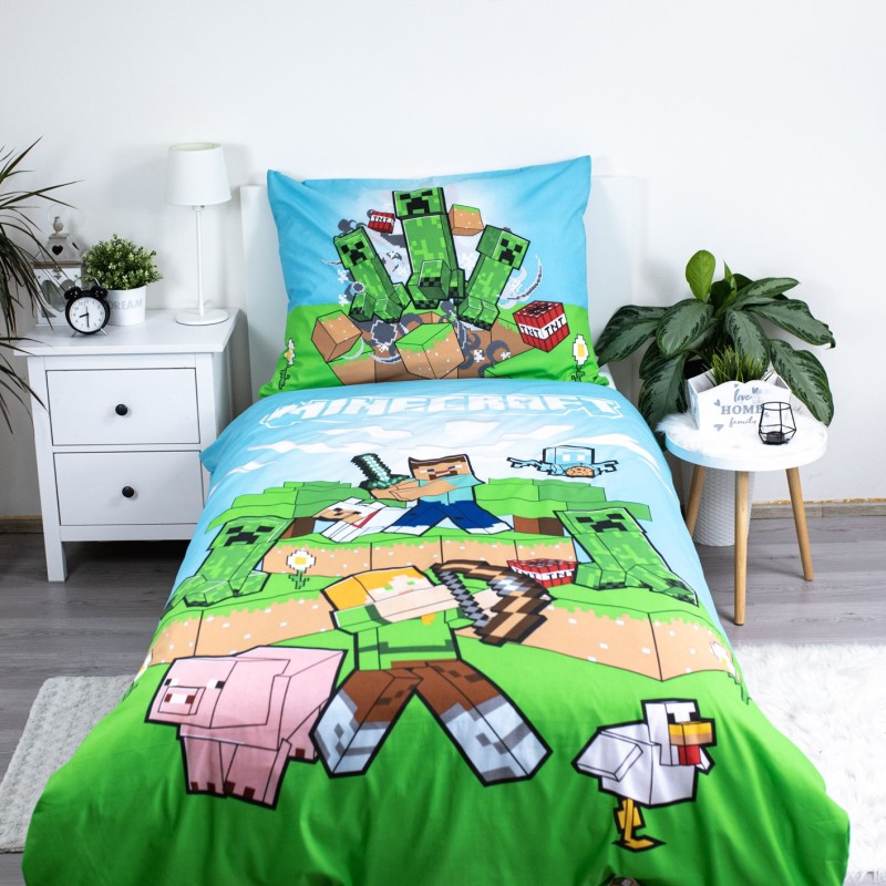 Pościel dla dzieci 140x200 Minecraft zielona niebieska bawełniana-2