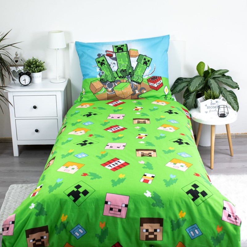 Pościel dla dzieci 140x200 Minecraft zielona niebieska bawełniana-3