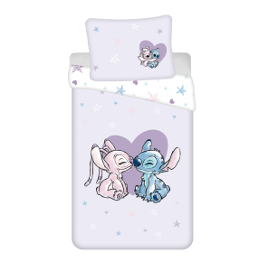 Pościel bawełniana 140x200 biała wrzosowa Lilo i Stitch gwiazdki serduszka-1