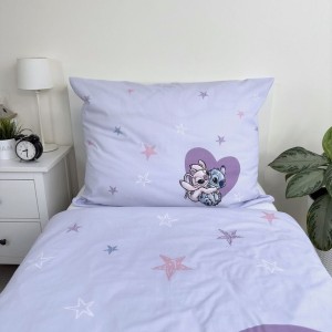 Pościel bawełniana 140x200 biała wrzosowa Lilo i Stitch gwiazdki serduszka-2