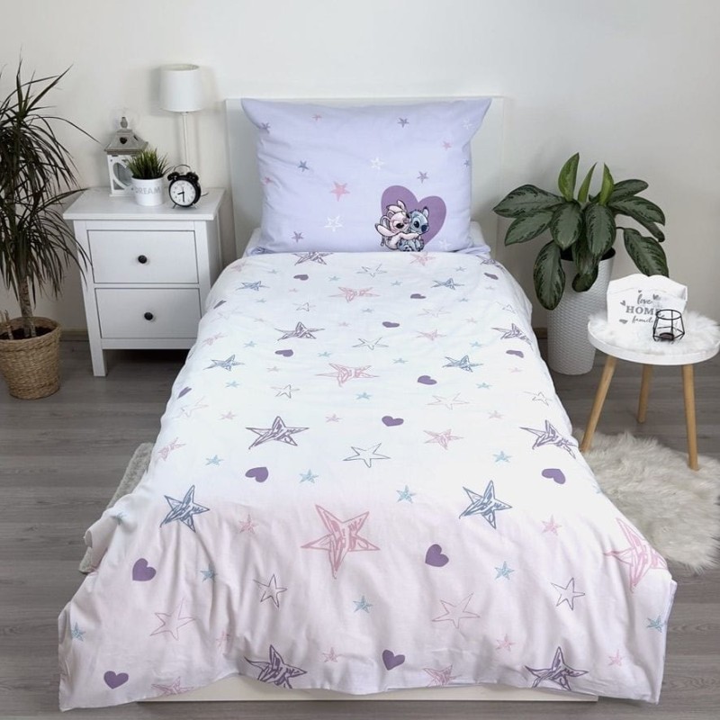 Pościel bawełniana 140x200 biała wrzosowa Lilo i Stitch gwiazdki serduszka-3
