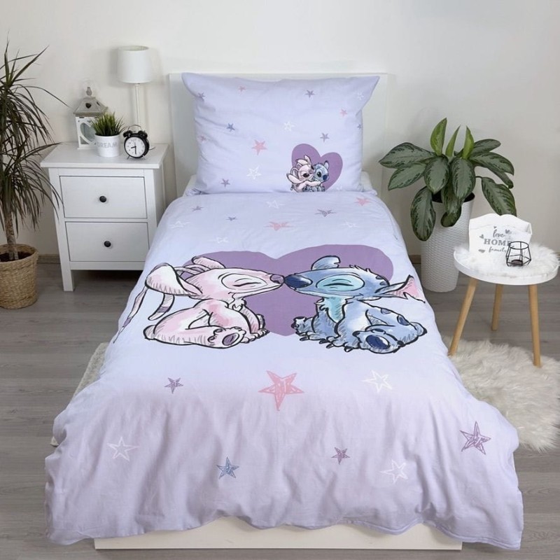 Pościel bawełniana 140x200 biała wrzosowa Lilo i Stitch gwiazdki serduszka-4