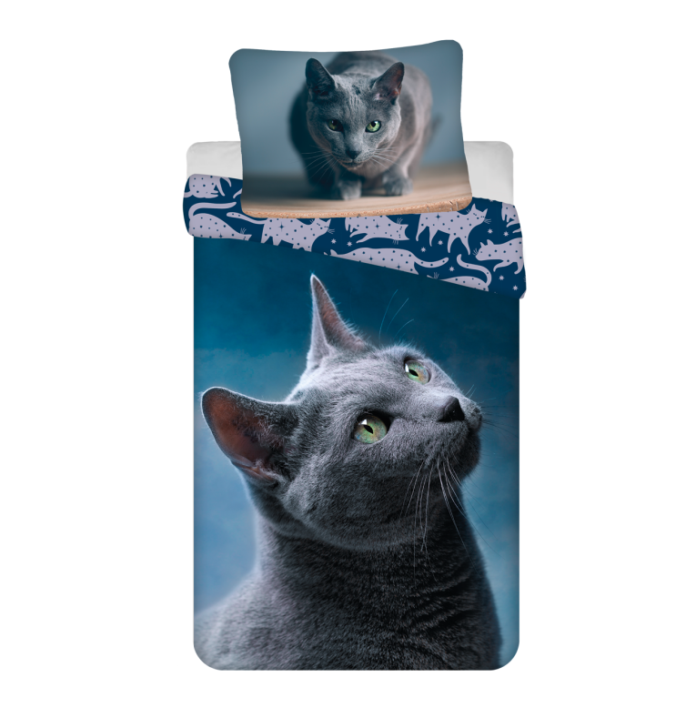 Pościel bawełniana 140x200 granatowa szary kot Cat-1