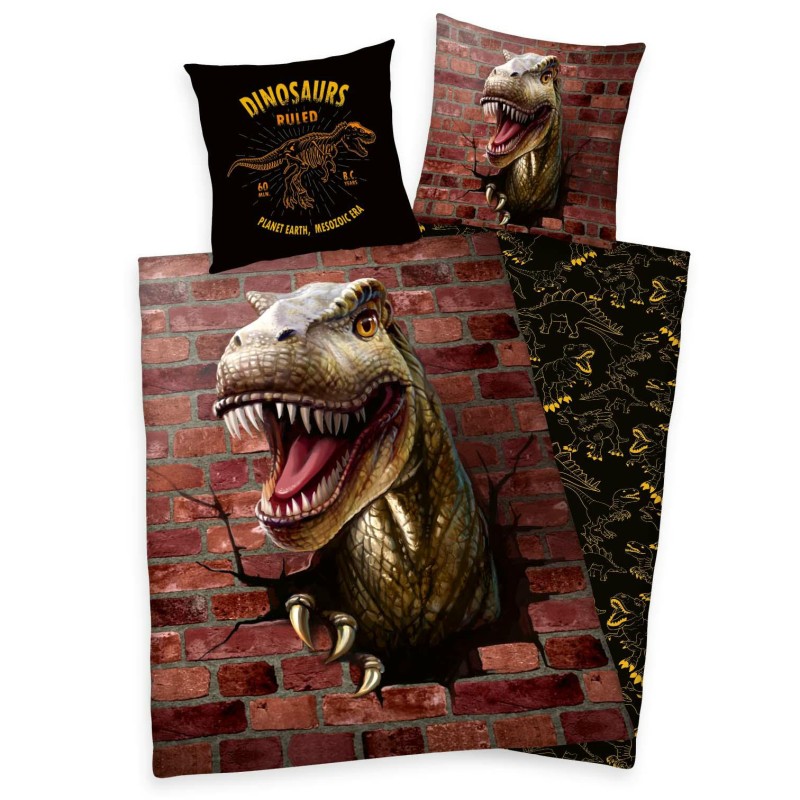Pościel bawełniana 140x200 Dino 3D brązowa-1