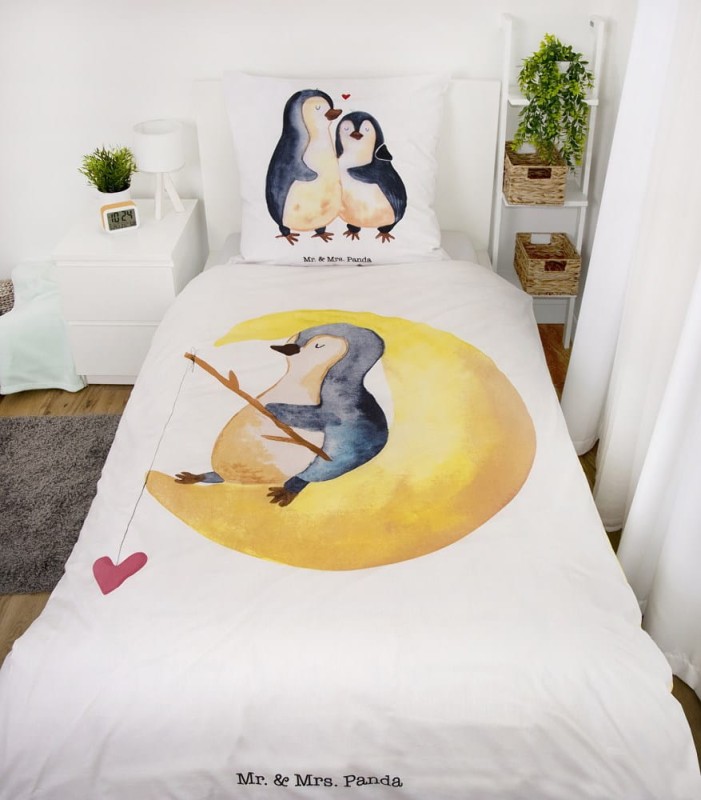Pościel bawełniana 140x200 Pingwin Mr& Mrs Panda biała żółta H23-2