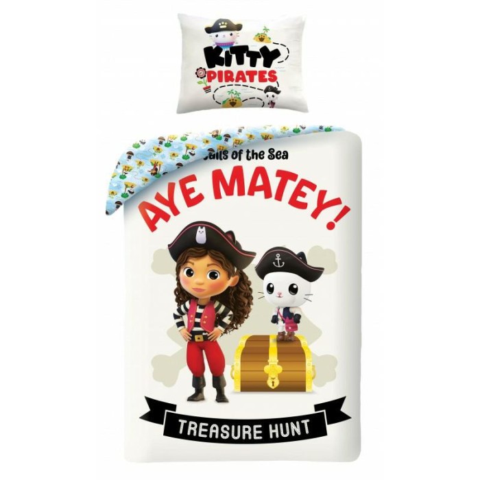 Pościel bawełniana 140x200 Kitty pirates biała niebieska kolorowa-1
