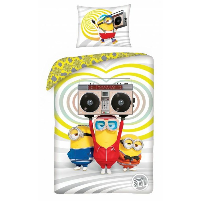 Pościel bawełniana 140x200 Minionki odtwarzacz żółta biała dziecięca-1