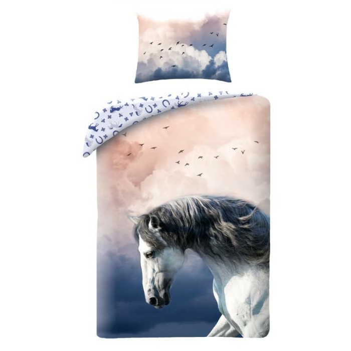 Pościel bawełniana 140x200 Horse Koń pudrowa niebieska Kids 12-1