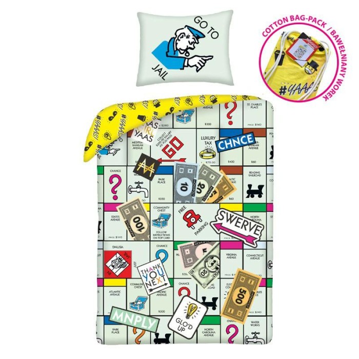 Pościel bawełniana 140x200 Monopoly seledynowa Kids 12 + worek-1