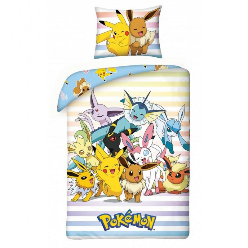 Pościel bawełniana 140x200 Pokemon pasy niebieska żółta-1